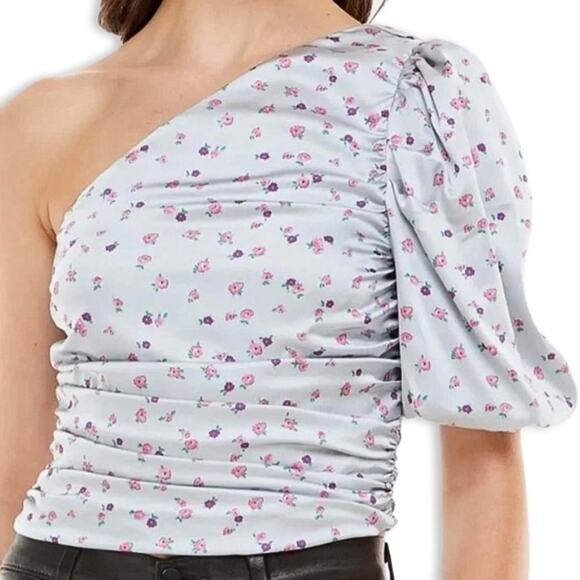 WAYF Blouse One-Shoulder Puff Sleeve Ruched Detailing Satin Floral Design Blue L - Picture 1 of 9